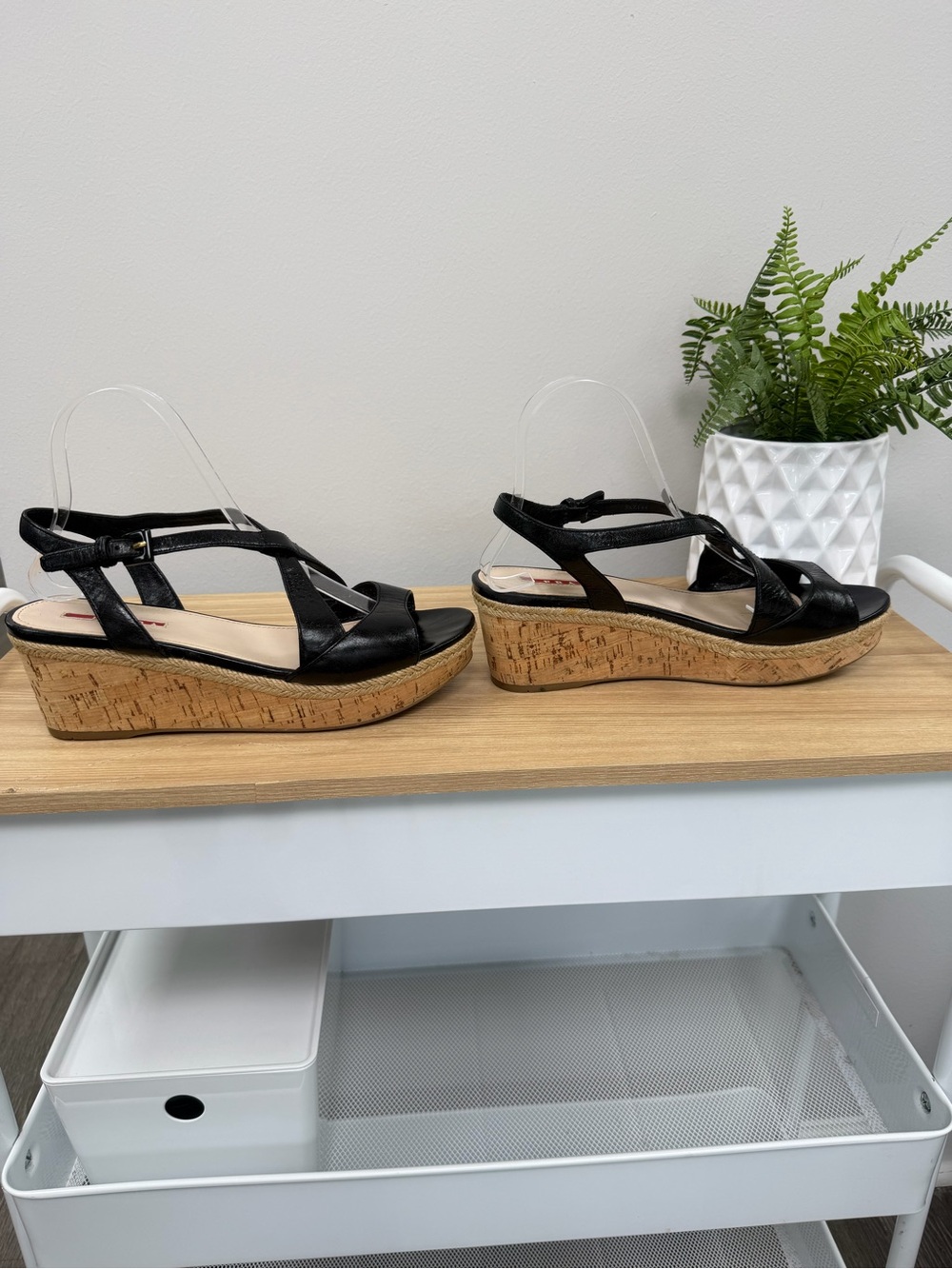 Vintage Prada Black Leather Wedge Sandals with Cork Platform 3XZ144 SZ 39.5 - Picture 4 of 9